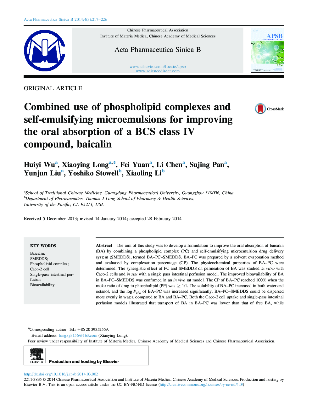 Combined use of phospholipid complexes and self-emulsifying microemulsions for improving the oral absorption of a BCS class IV compound, baicalin 