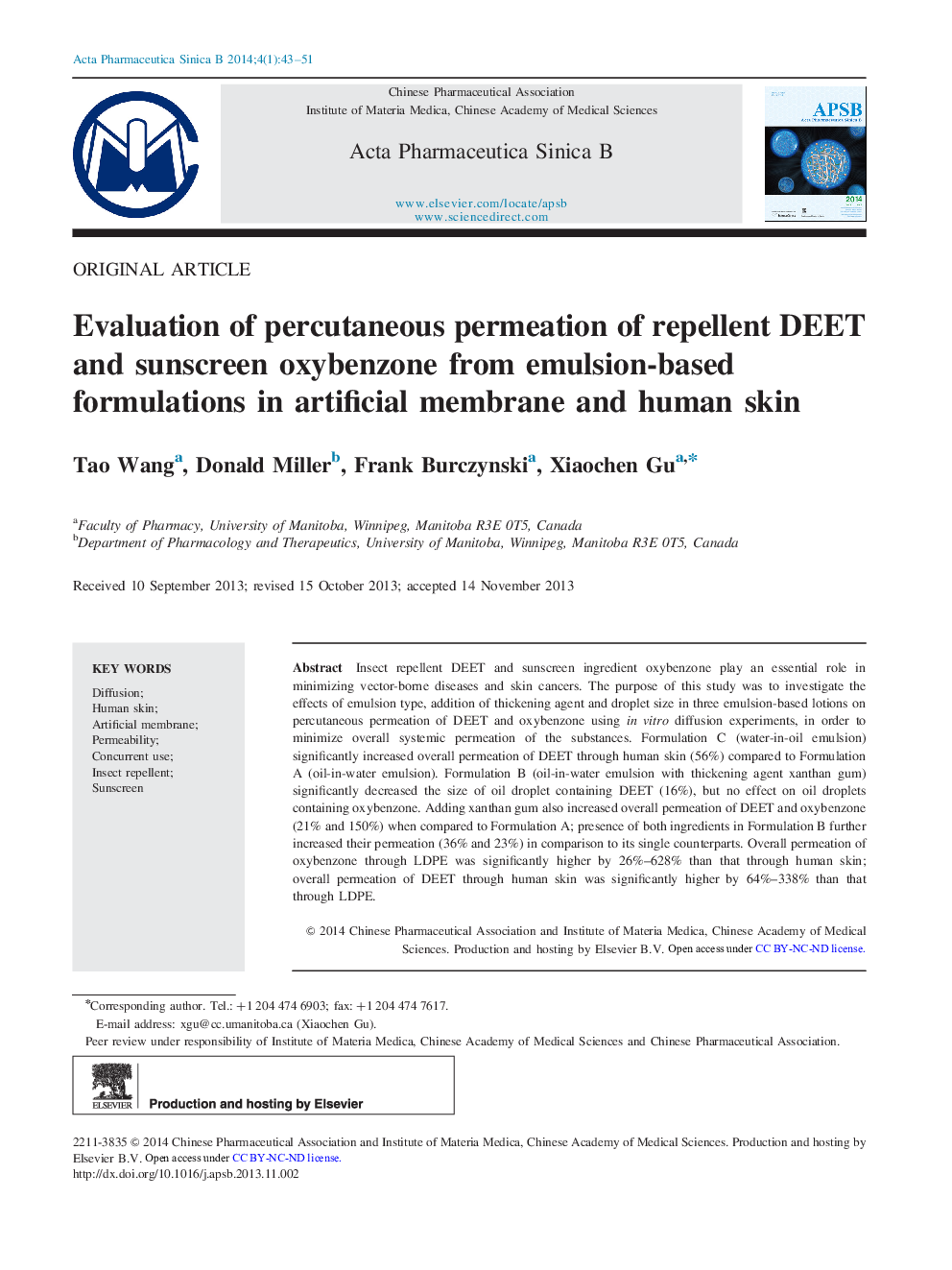 Evaluation of percutaneous permeation of repellent DEET and sunscreen oxybenzone from emulsion-based formulations in artificial membrane and human skin 