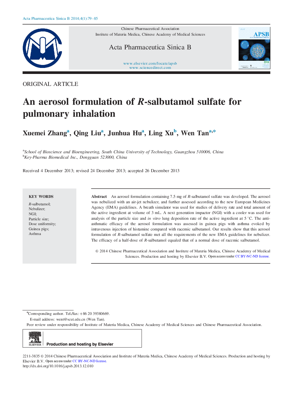 An aerosol formulation of R-salbutamol sulfate for pulmonary inhalation 