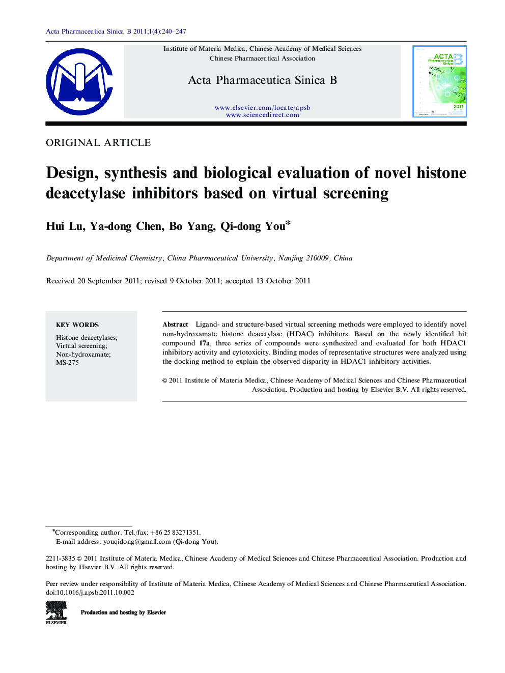 Design, synthesis and biological evaluation of novel histone deacetylase inhibitors based on virtual screening