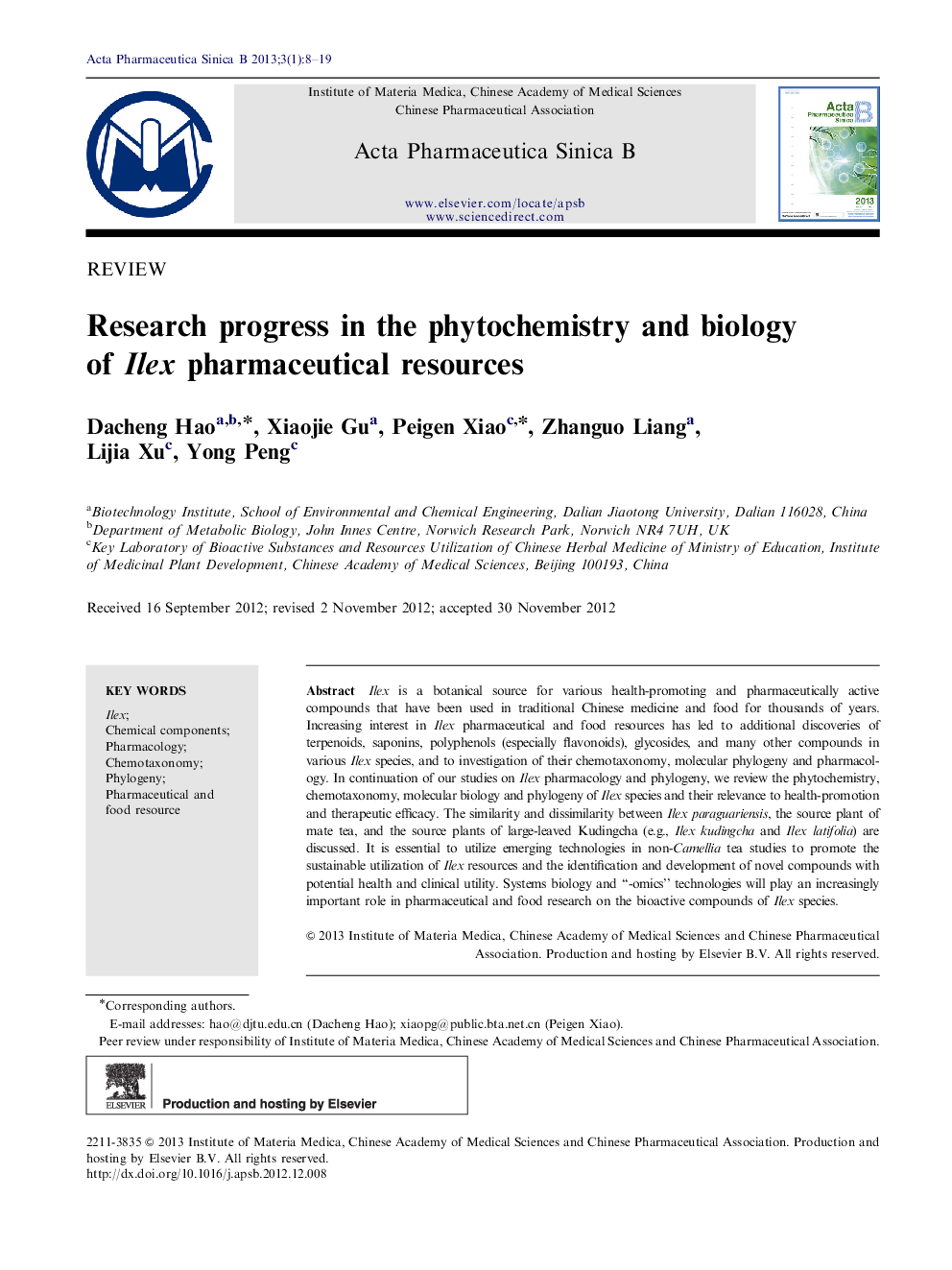 Research progress in the phytochemistry and biology of Ilex pharmaceutical resources 