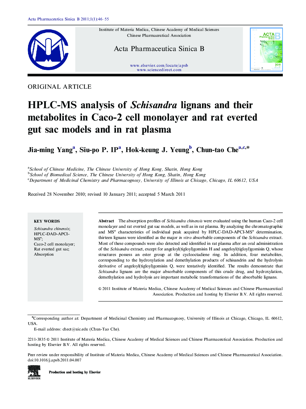 HPLC-MS analysis of Schisandra lignans and their metabolites in Caco-2 cell monolayer and rat everted gut sac models and in rat plasma