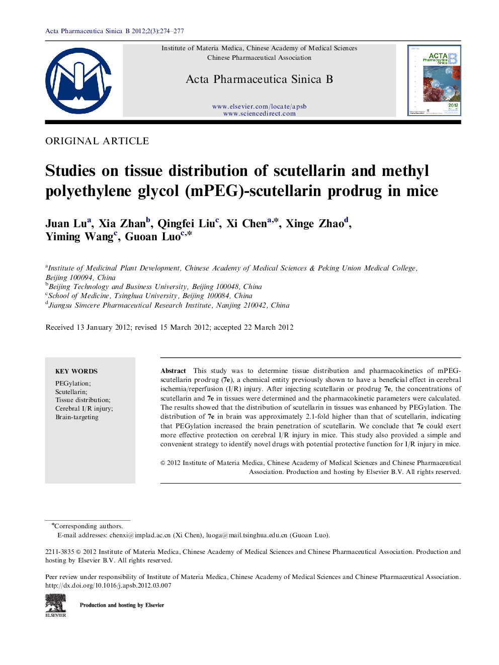 Studies on tissue distribution of scutellarin and methyl polyethylene glycol (mPEG)-scutellarin prodrug in mice