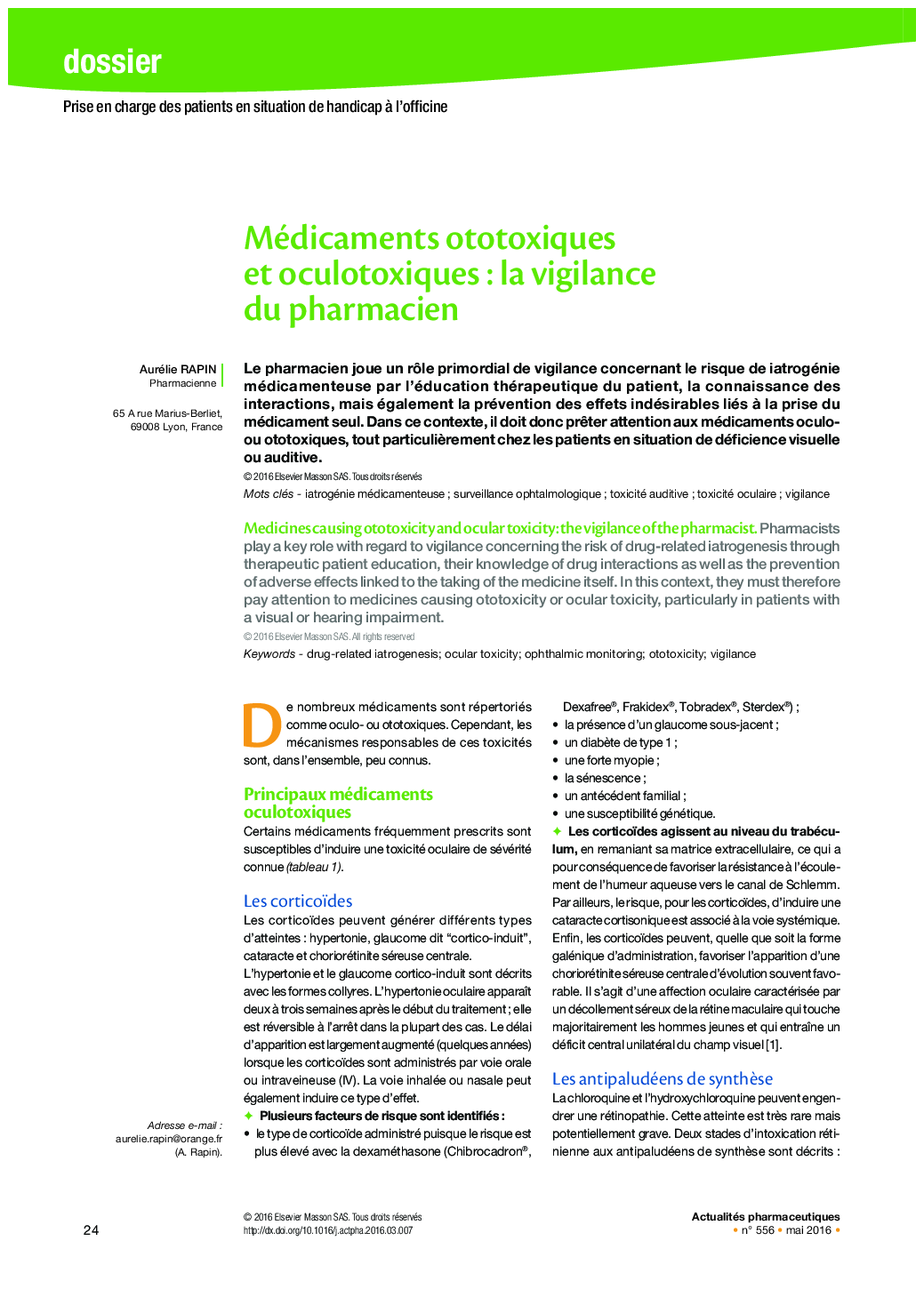 عکس صفحه اول مقاله: Médicaments ototoxiques et oculotoxiques : la vigilance du pharmacien Médicaments ototoxiques et oculotoxiques : la vigilance du pharmacien