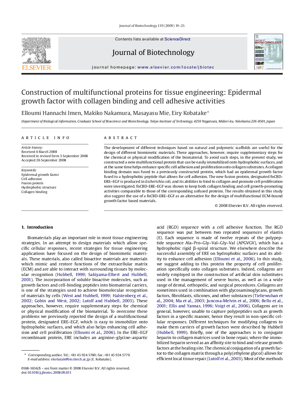 Construction of multifunctional proteins for tissue engineering: Epidermal growth factor with collagen binding and cell adhesive activities