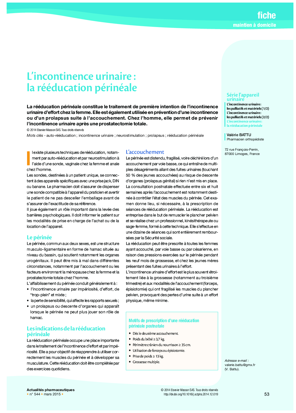 L’incontinence urinaire : la rééducation périnéale