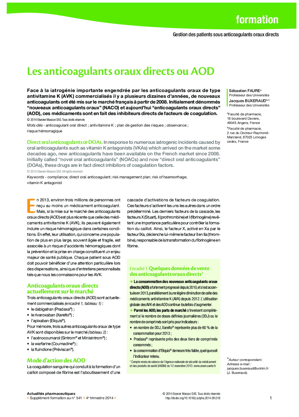 Les anticoagulants oraux directs ou AOD