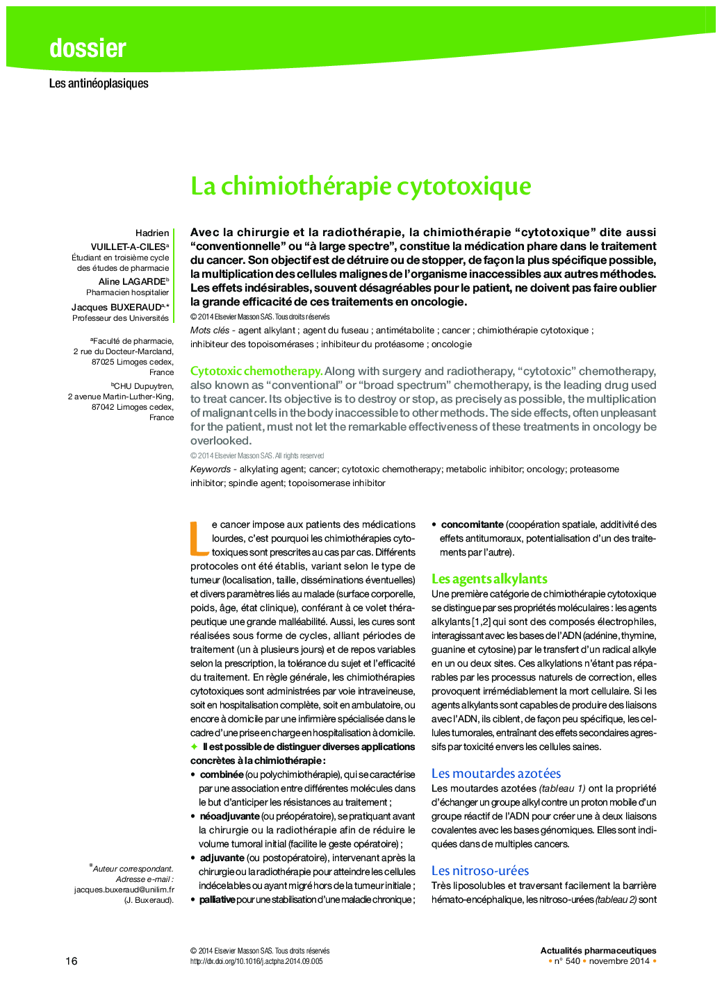 La chimiothérapie cytotoxique
