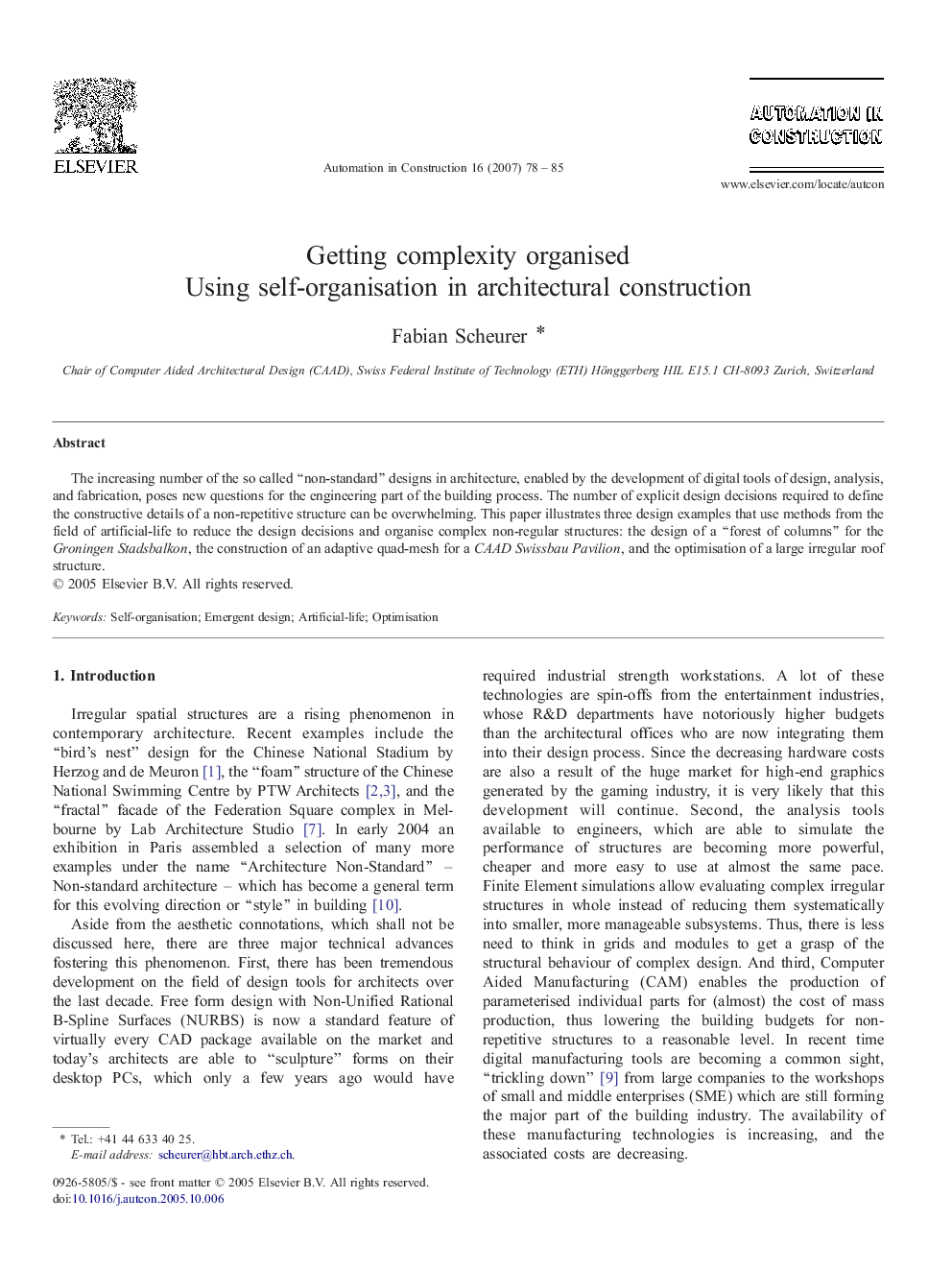 Getting complexity organised: Using self-organisation in architectural construction