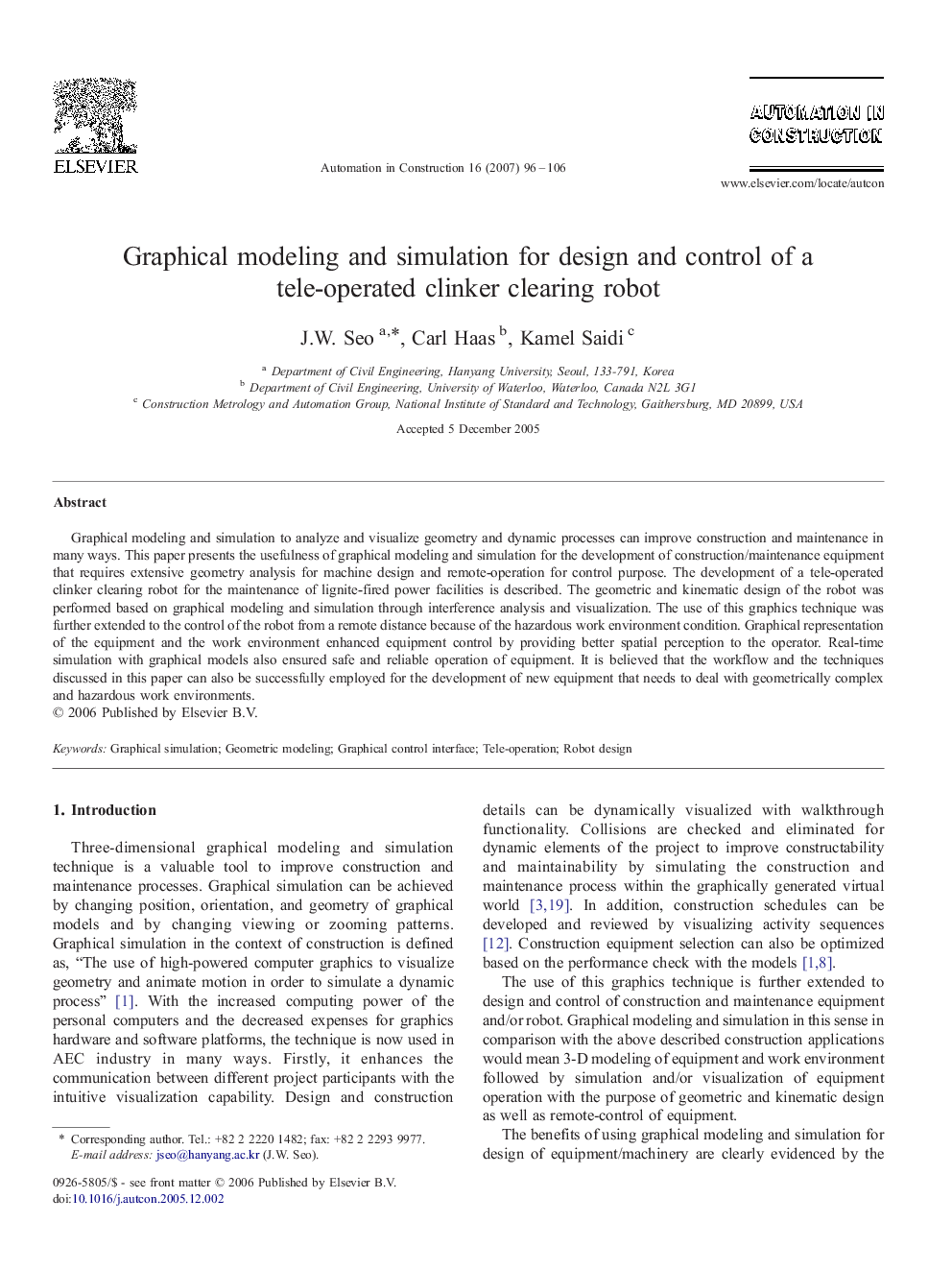 Graphical modeling and simulation for design and control of a tele-operated clinker clearing robot