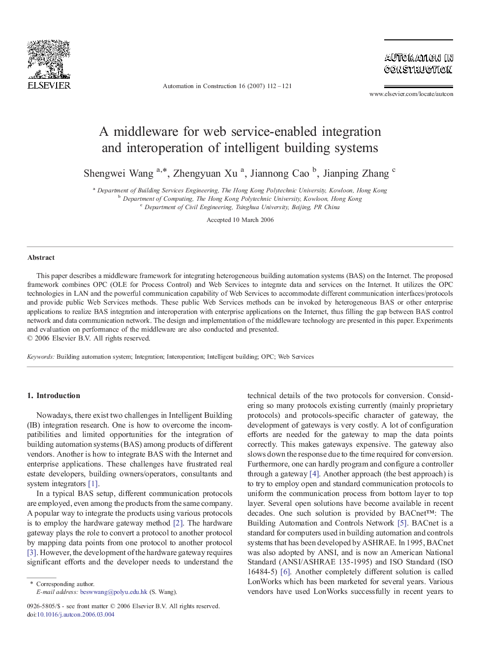 A middleware for web service-enabled integration and interoperation of intelligent building systems