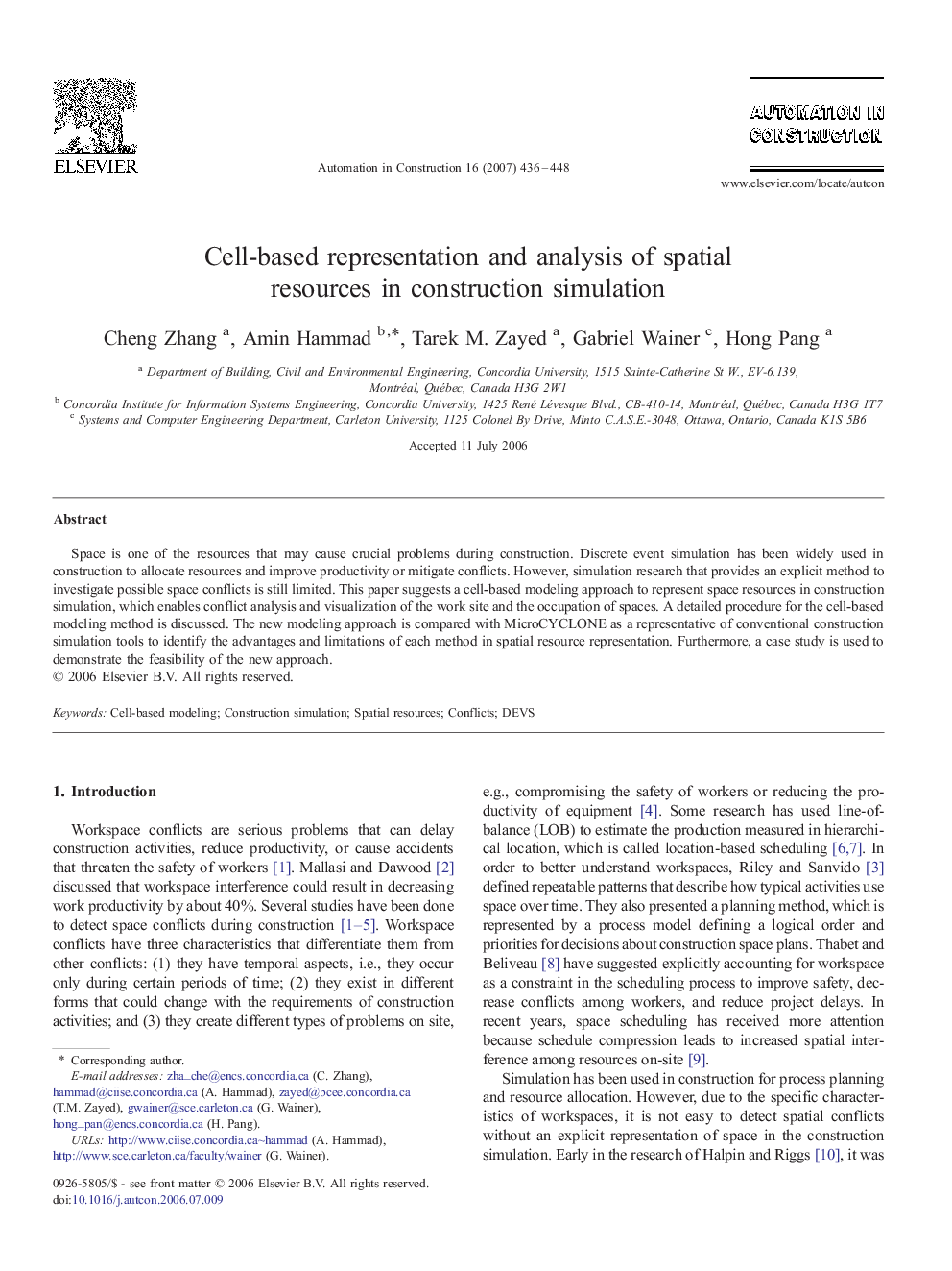 Cell-based representation and analysis of spatial resources in construction simulation