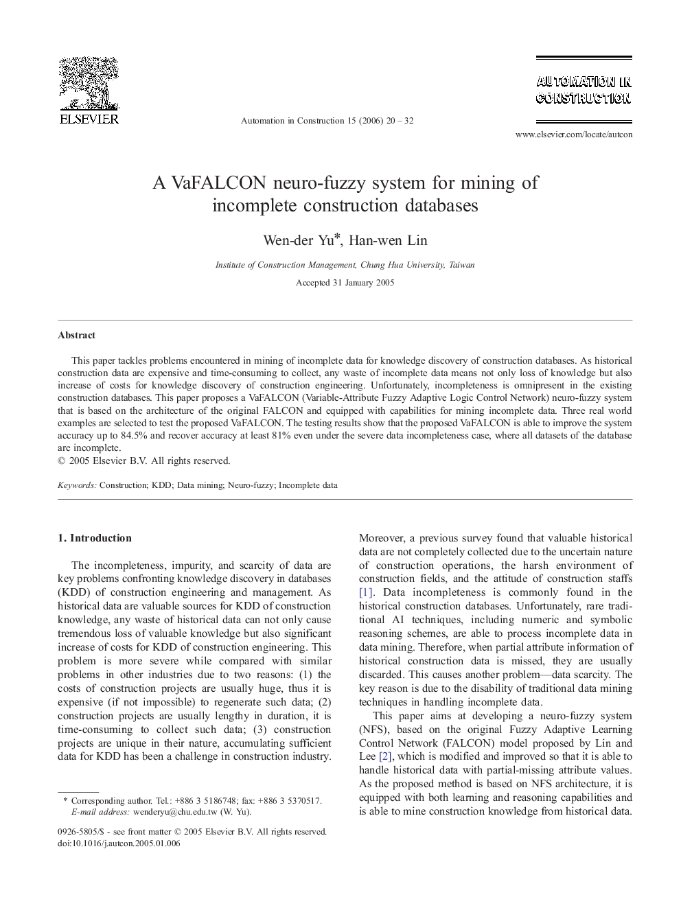 A VaFALCON neuro-fuzzy system for mining of incomplete construction databases