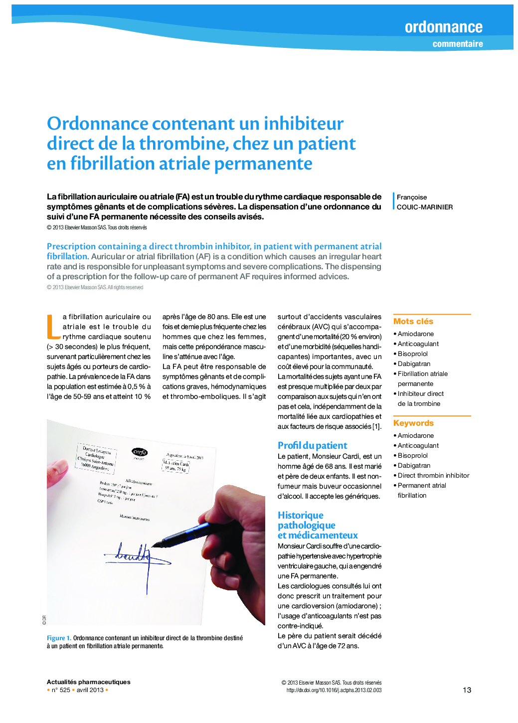 Ordonnance contenant un inhibiteur direct de la thrombine, chez un patient en fibrillation atriale permanente