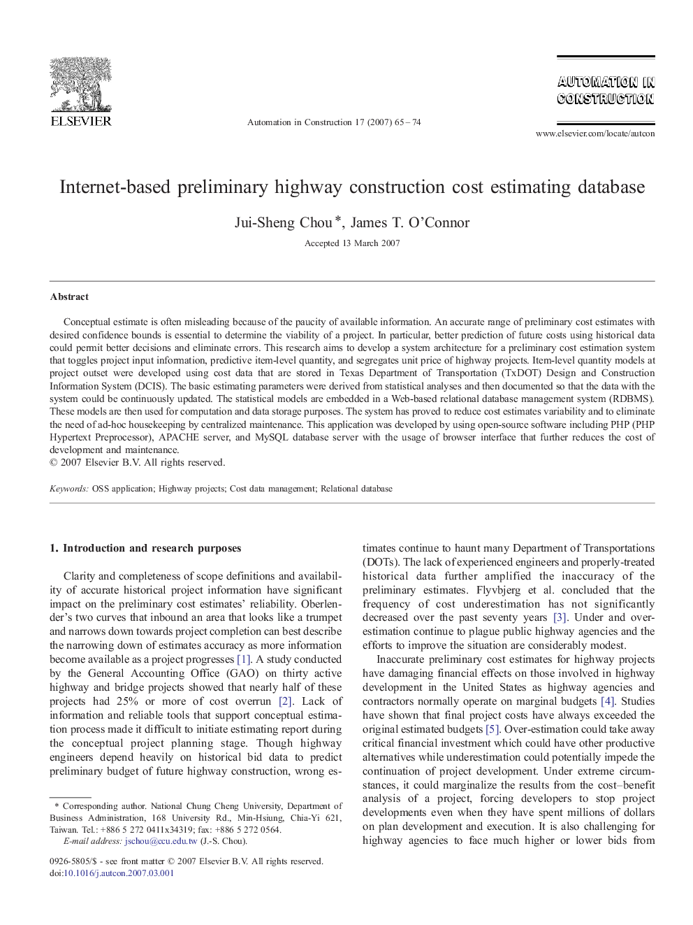 Internet-based preliminary highway construction cost estimating database