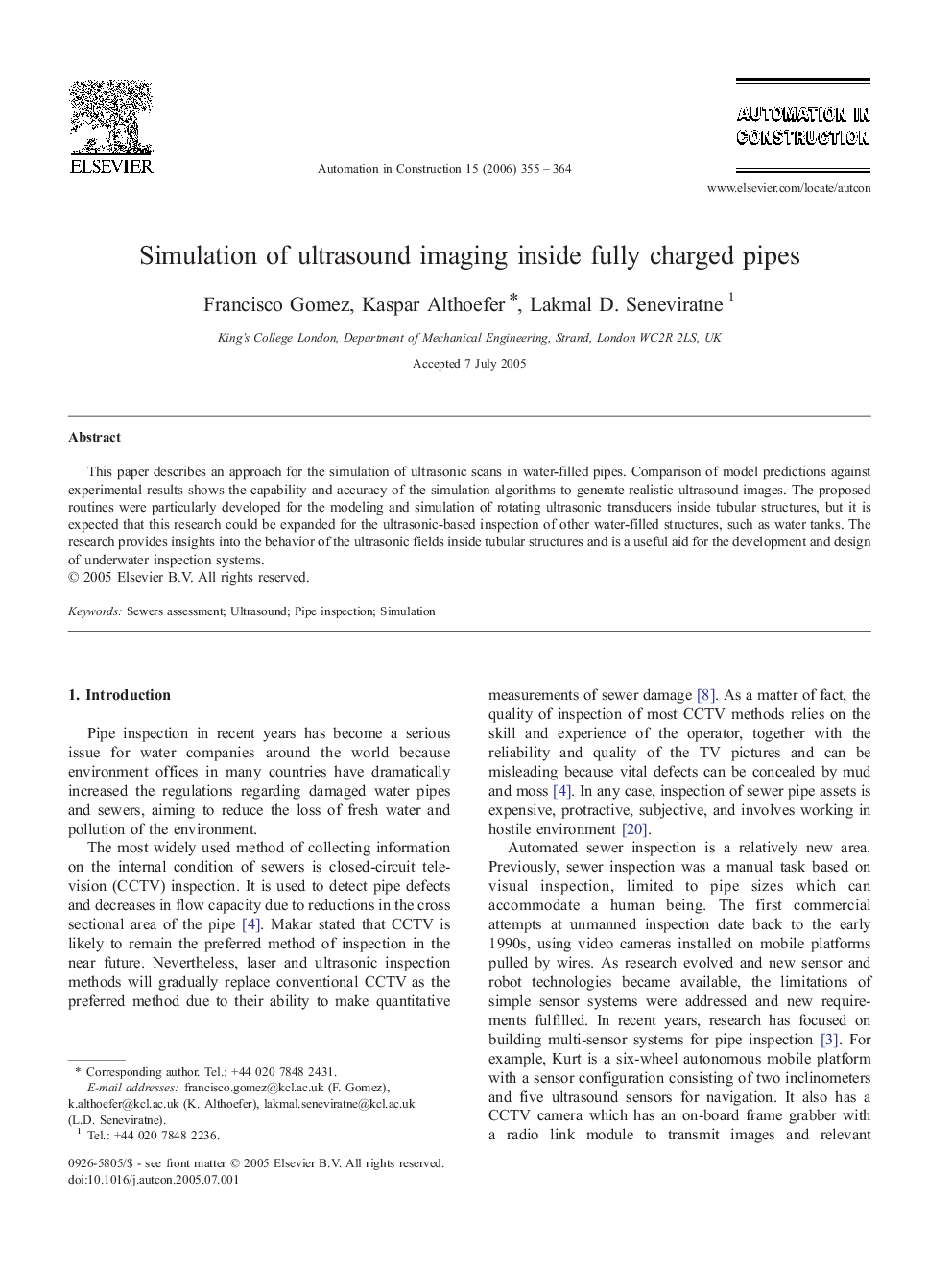 Simulation of ultrasound imaging inside fully charged pipes