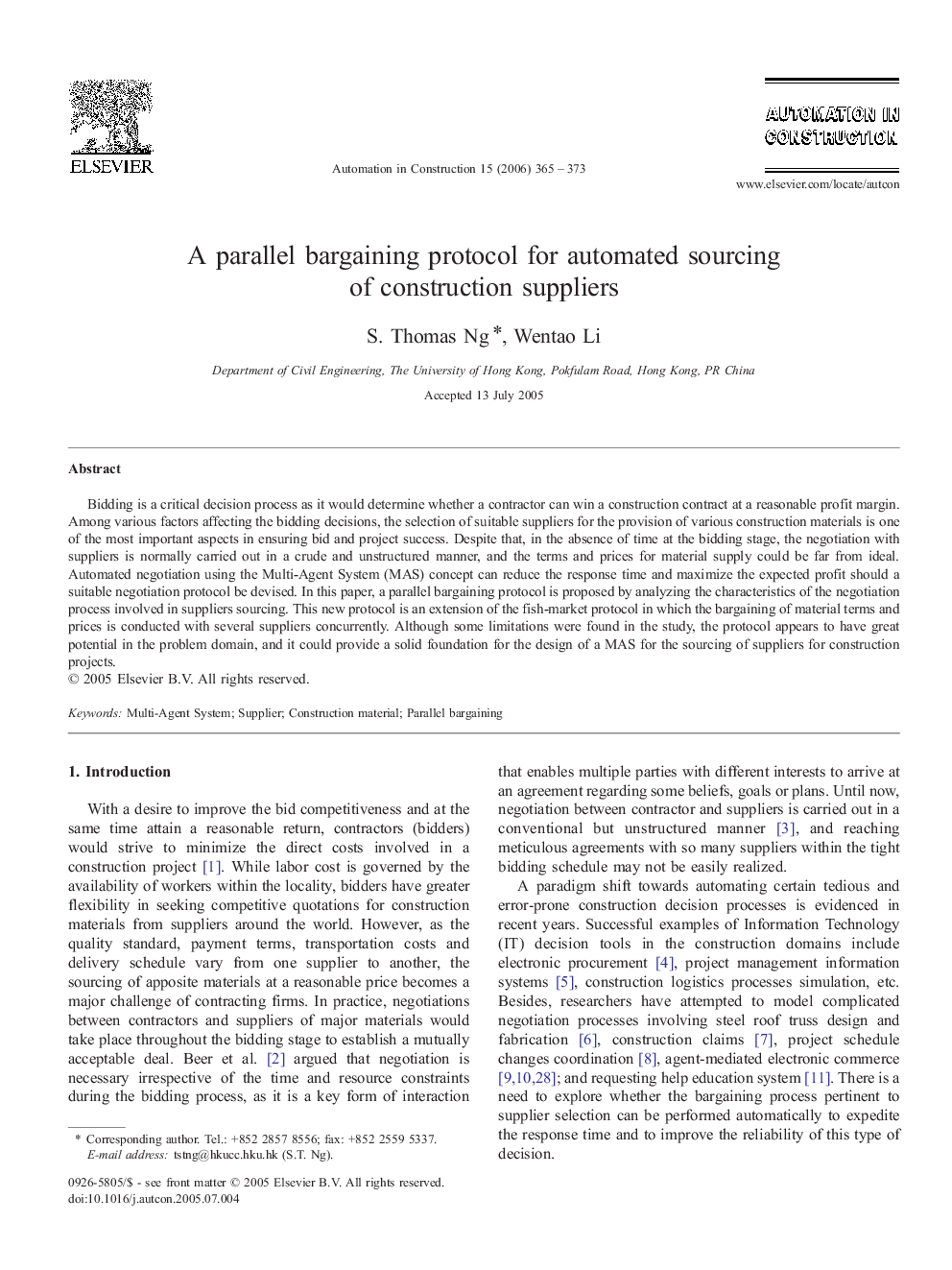 A parallel bargaining protocol for automated sourcing of construction suppliers