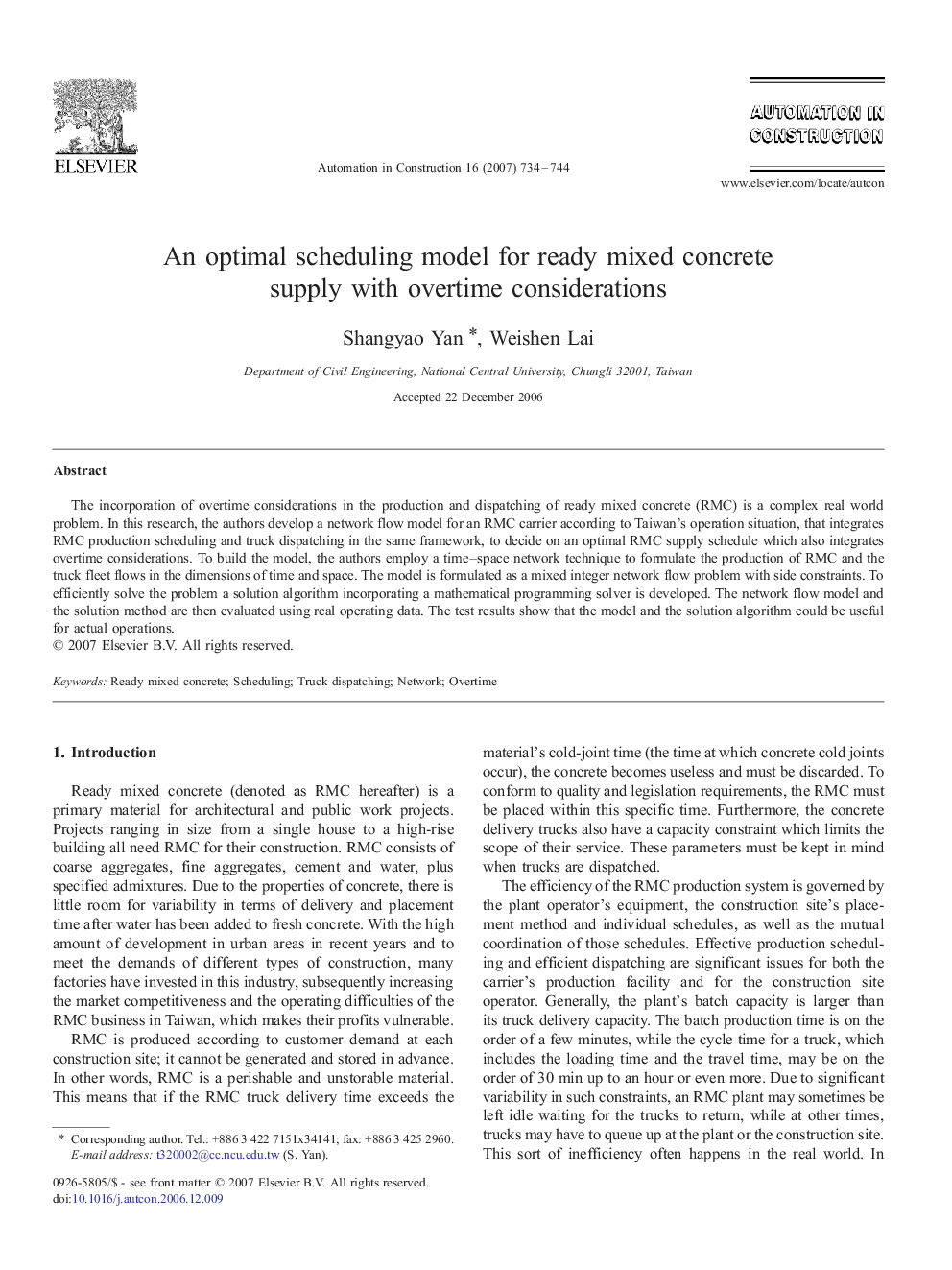 An optimal scheduling model for ready mixed concrete supply with overtime considerations