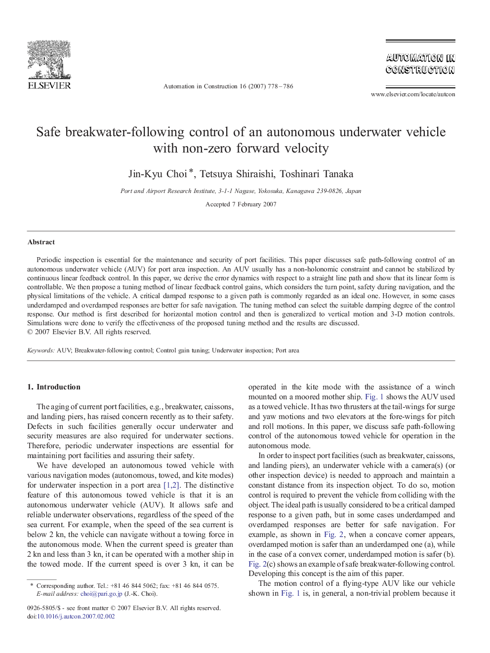 Safe breakwater-following control of an autonomous underwater vehicle with non-zero forward velocity