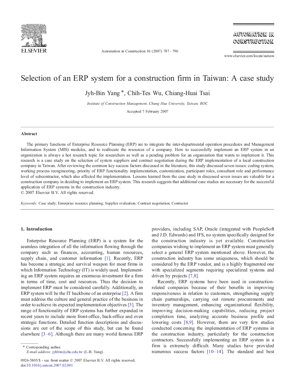 Selection of an ERP system for a construction firm in Taiwan: A case study