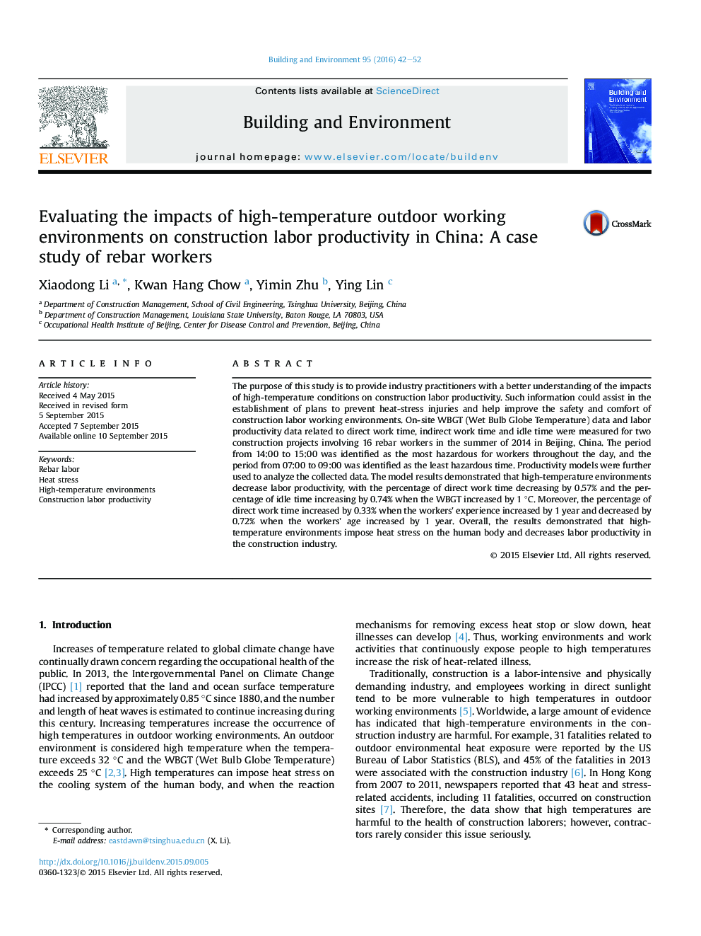 Evaluating the impacts of high-temperature outdoor working environments on construction labor productivity in China: A case study of rebar workers
