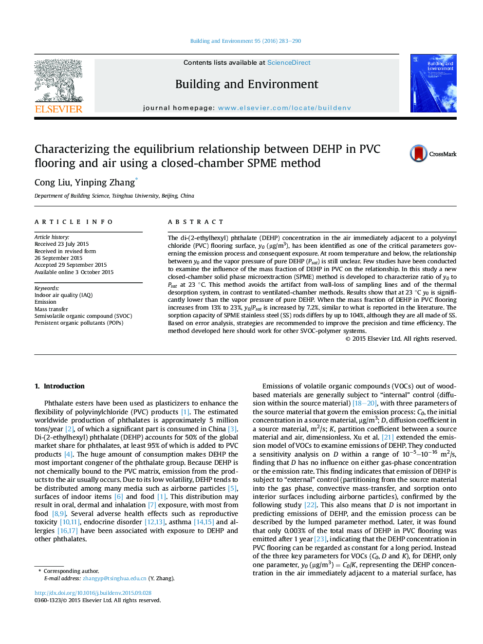 Characterizing the equilibrium relationship between DEHP in PVC flooring and air using a closed-chamber SPME method