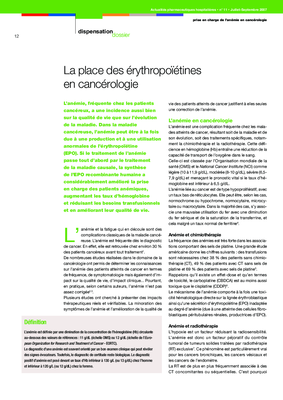 La place des érythropoïétines en cancérologie