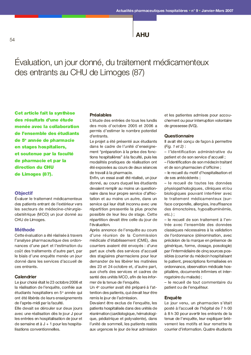 عکس صفحه اول مقاله: Ãvaluation, un jour donné, du traitement médicamenteux des entrants au CHU de Limoges (87) Ãvaluation, un jour donné, du traitement médicamenteux des entrants au CHU de Limoges (87)