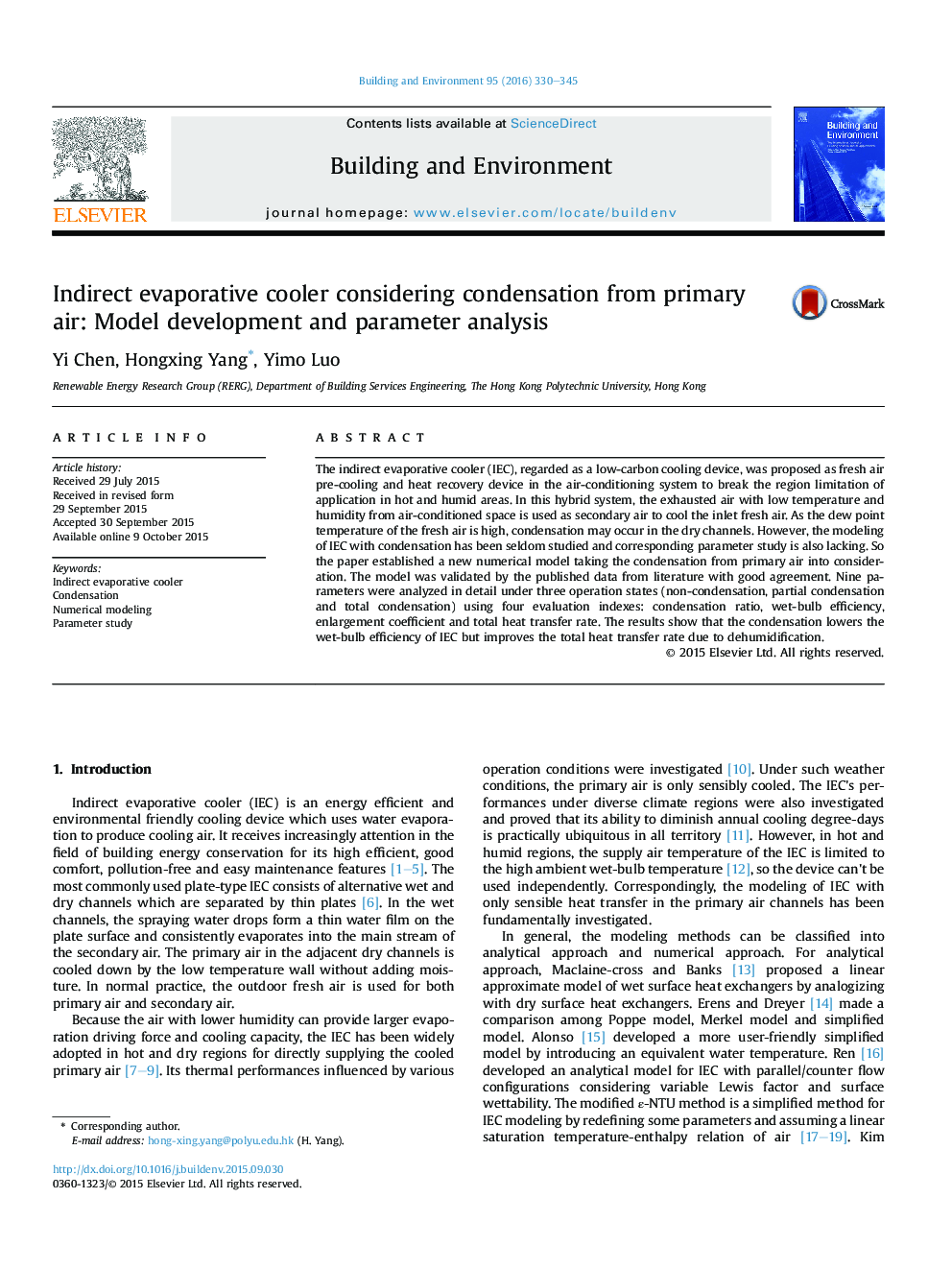 Indirect evaporative cooler considering condensation from primary air: Model development and parameter analysis