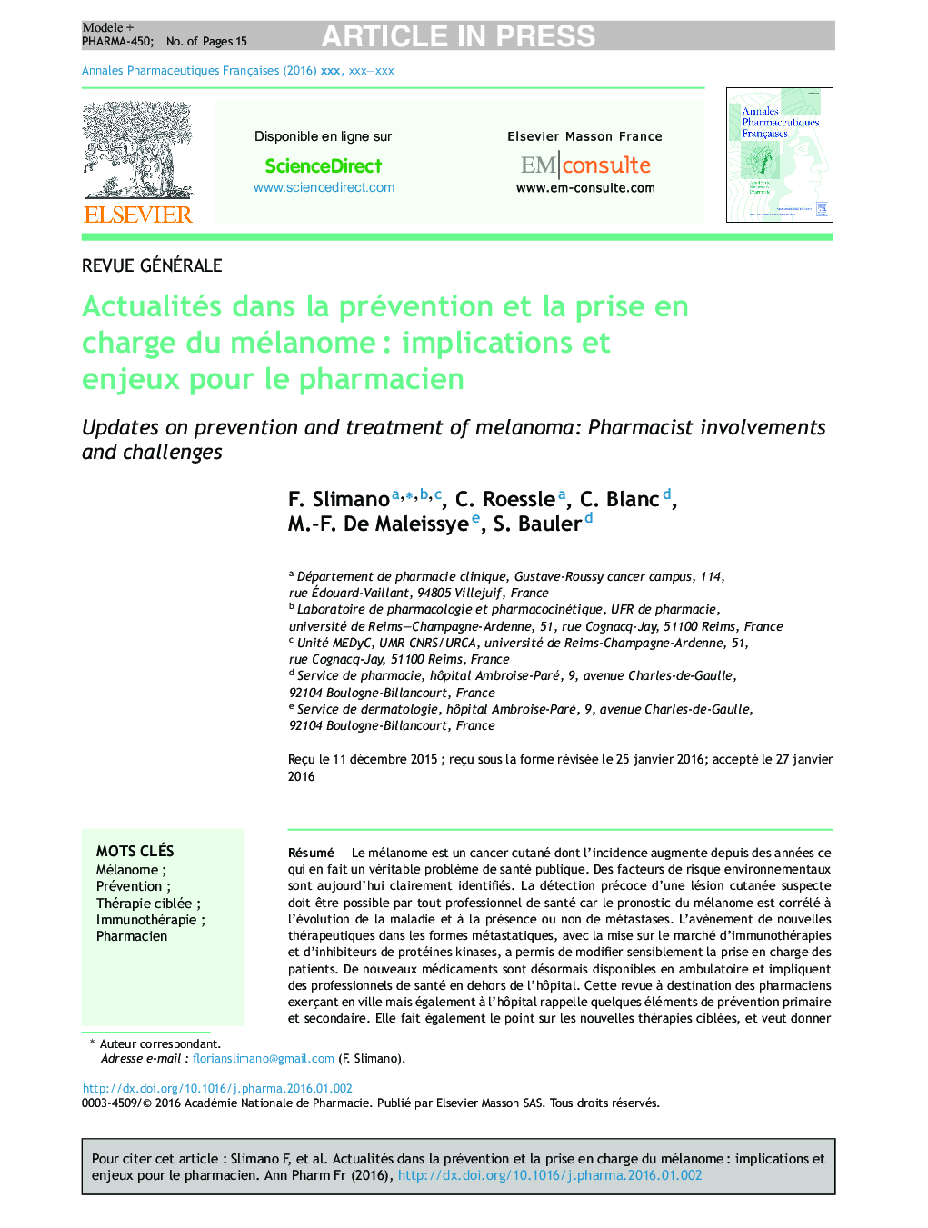 Actualités dans la prévention et la prise en charge du mélanomeÂ : implications et enjeux pour le pharmacien