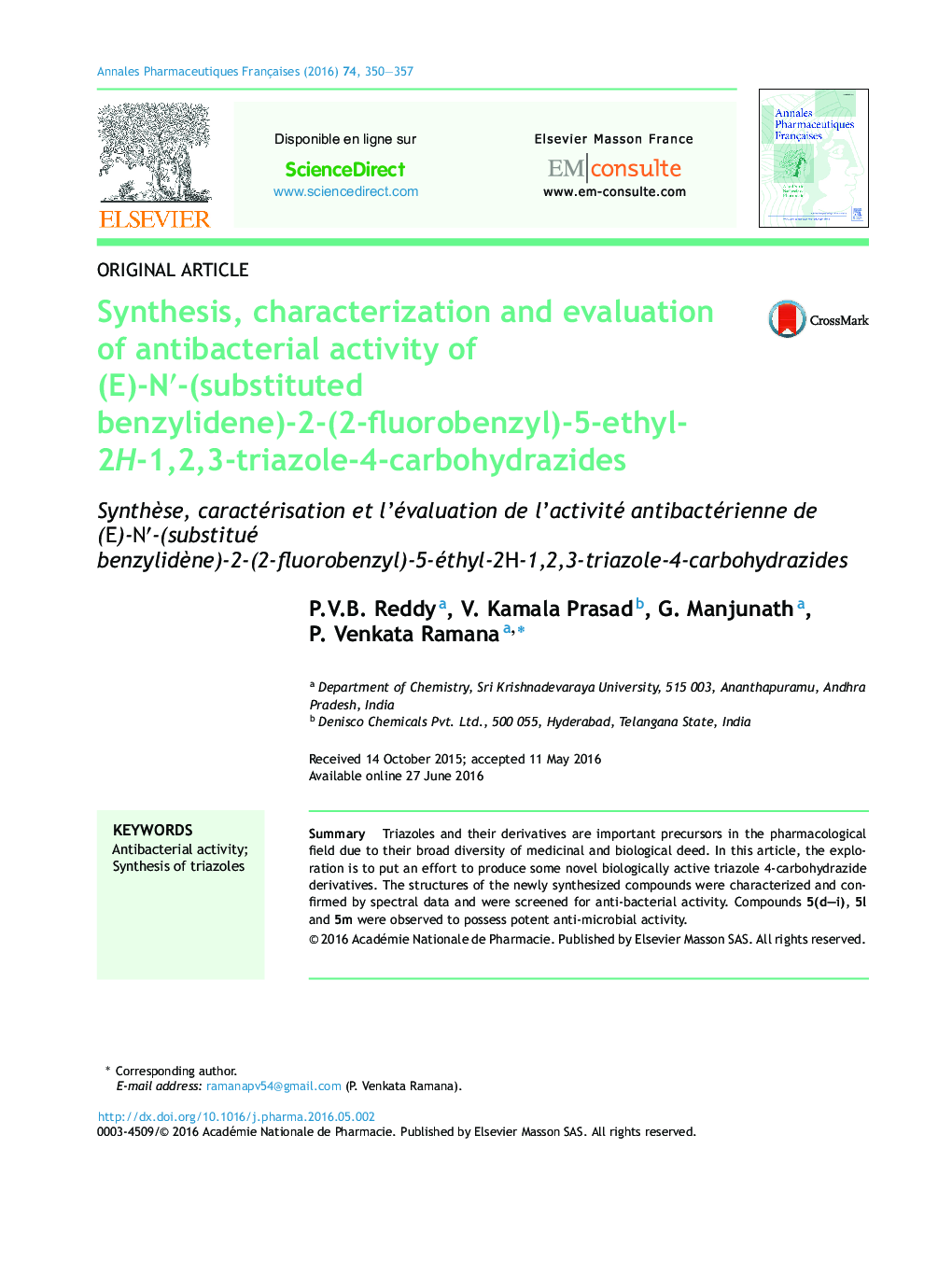 Synthesis, characterization and evaluation of antibacterial activity of (E)-Nâ²-(substituted benzylidene)-2-(2-fluorobenzyl)-5-ethyl-2H-1,2,3-triazole-4-carbohydrazides