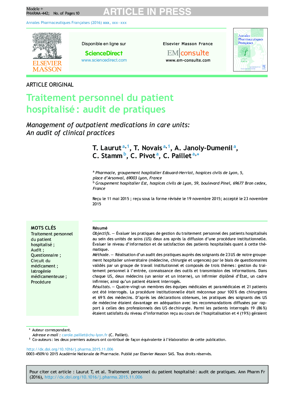 Traitement personnel du patient hospitaliséÂ : audit de pratiques