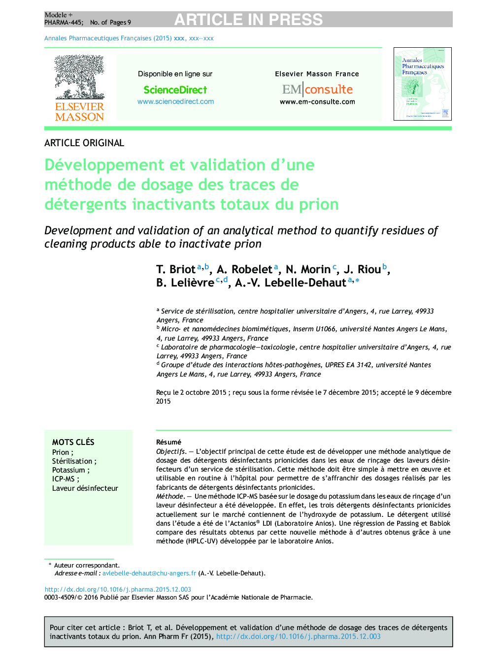 Développement et validation d'une méthode de dosage des traces de détergents inactivants totaux du prion