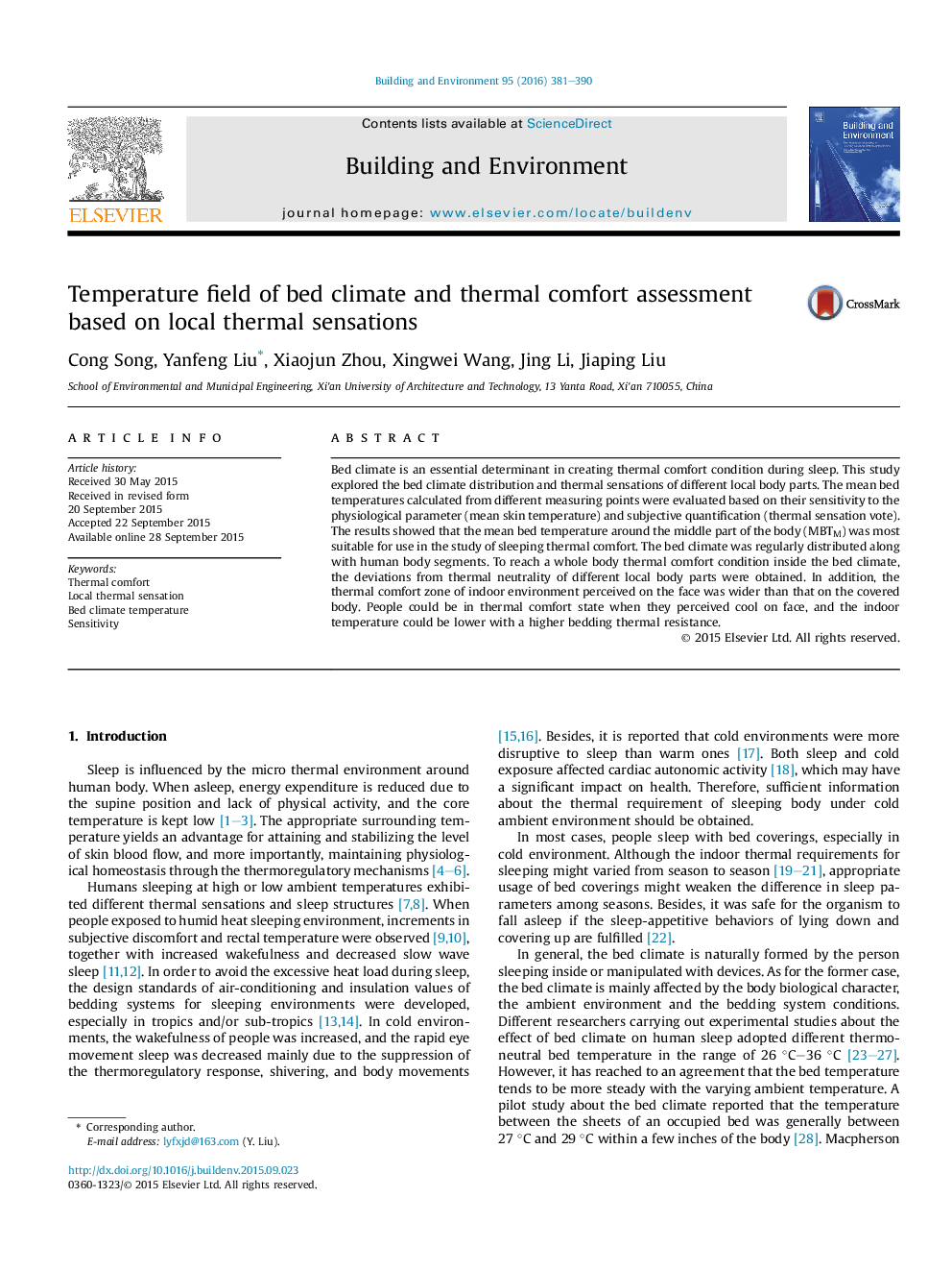 Temperature field of bed climate and thermal comfort assessment based on local thermal sensations