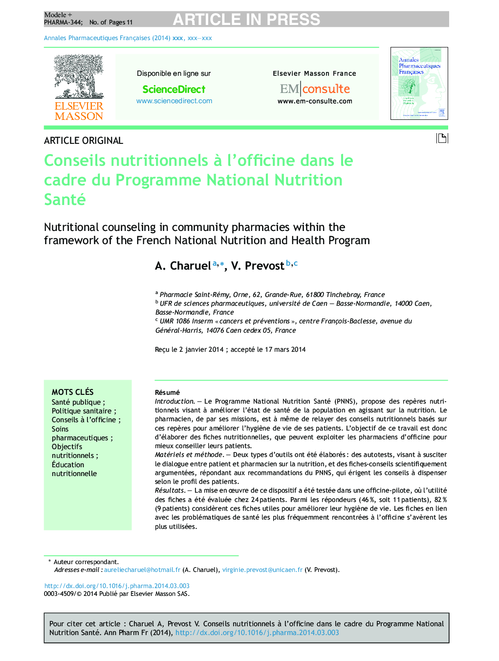 Conseils nutritionnels Ã  l'officine dans le cadre du Programme National Nutrition Santé