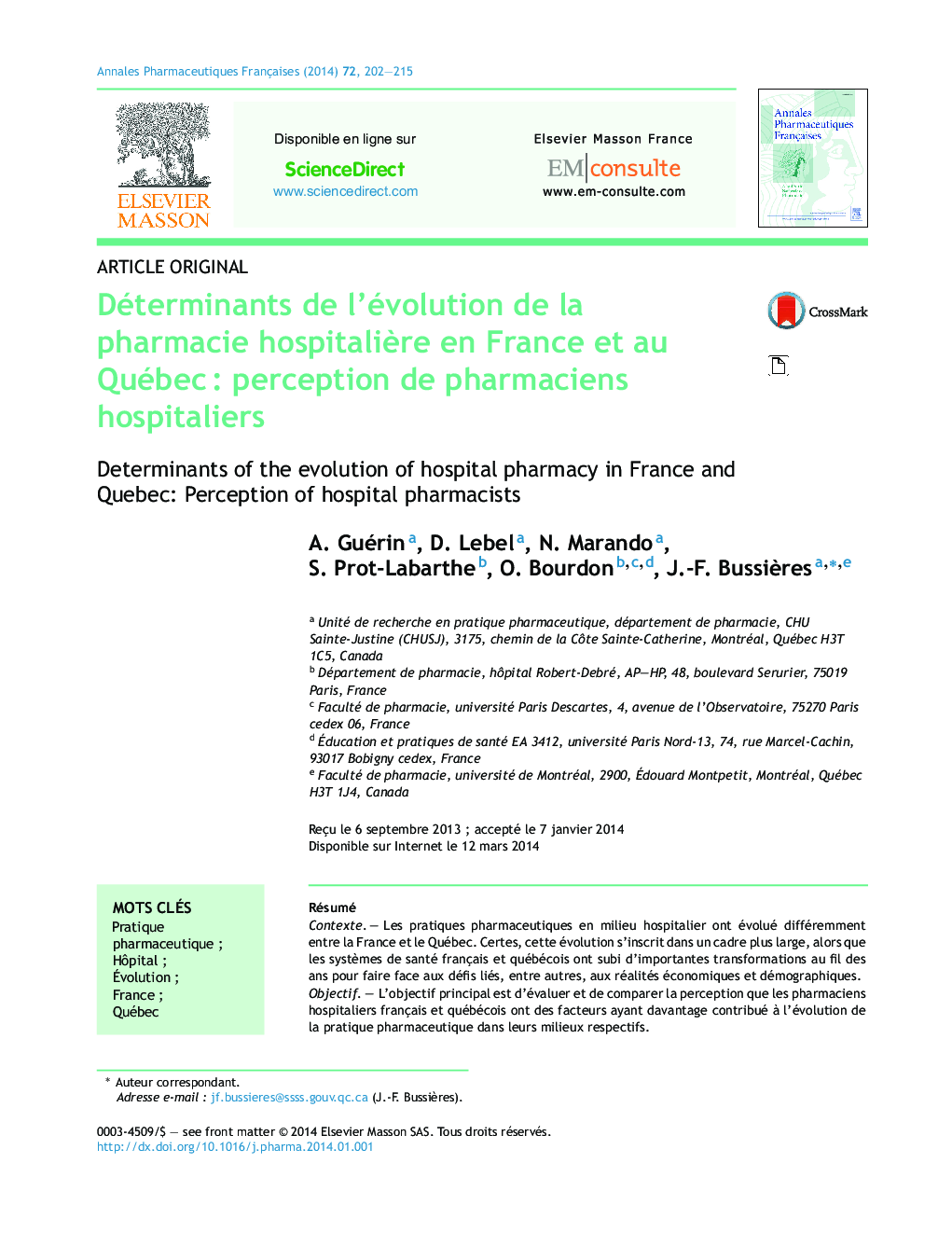 Déterminants de l'évolution de la pharmacie hospitaliÃ¨re en France et au QuébecÂ : perception de pharmaciens hospitaliers