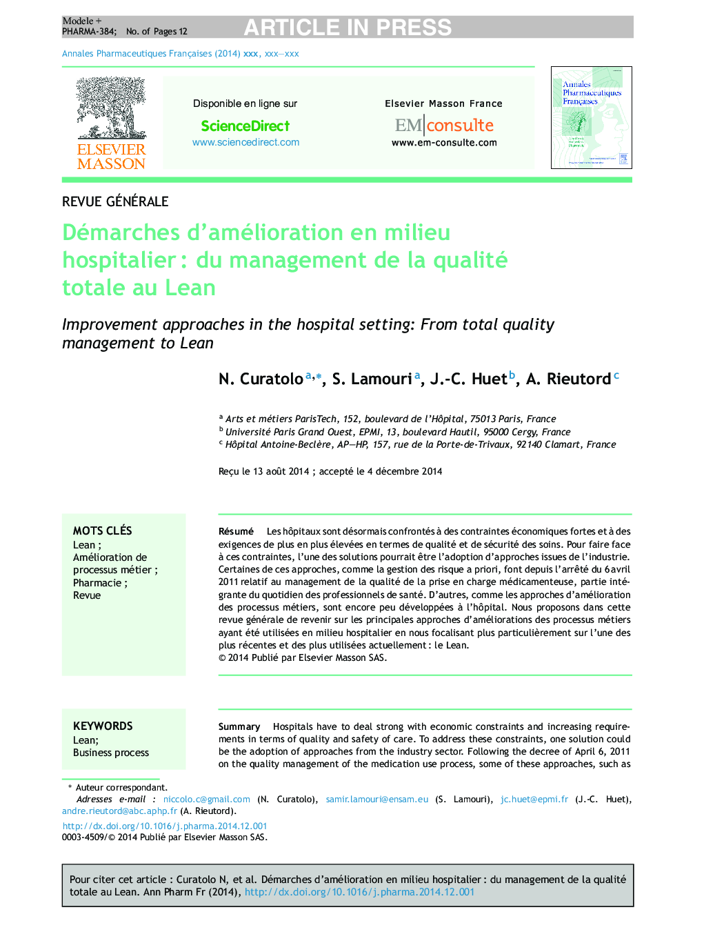 Démarches d'amélioration en milieu hospitalierÂ : du management de la qualité totale au Lean