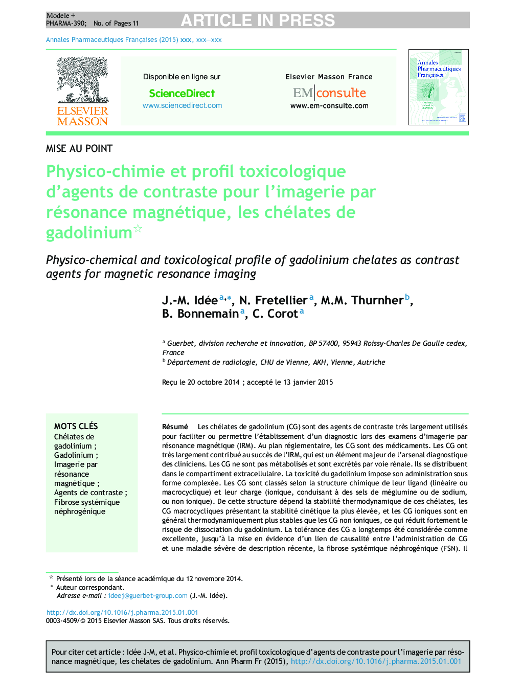 Physico-chimie et profil toxicologique d'agents de contraste pour l'imagerie par résonance magnétique, les chélates de gadolinium