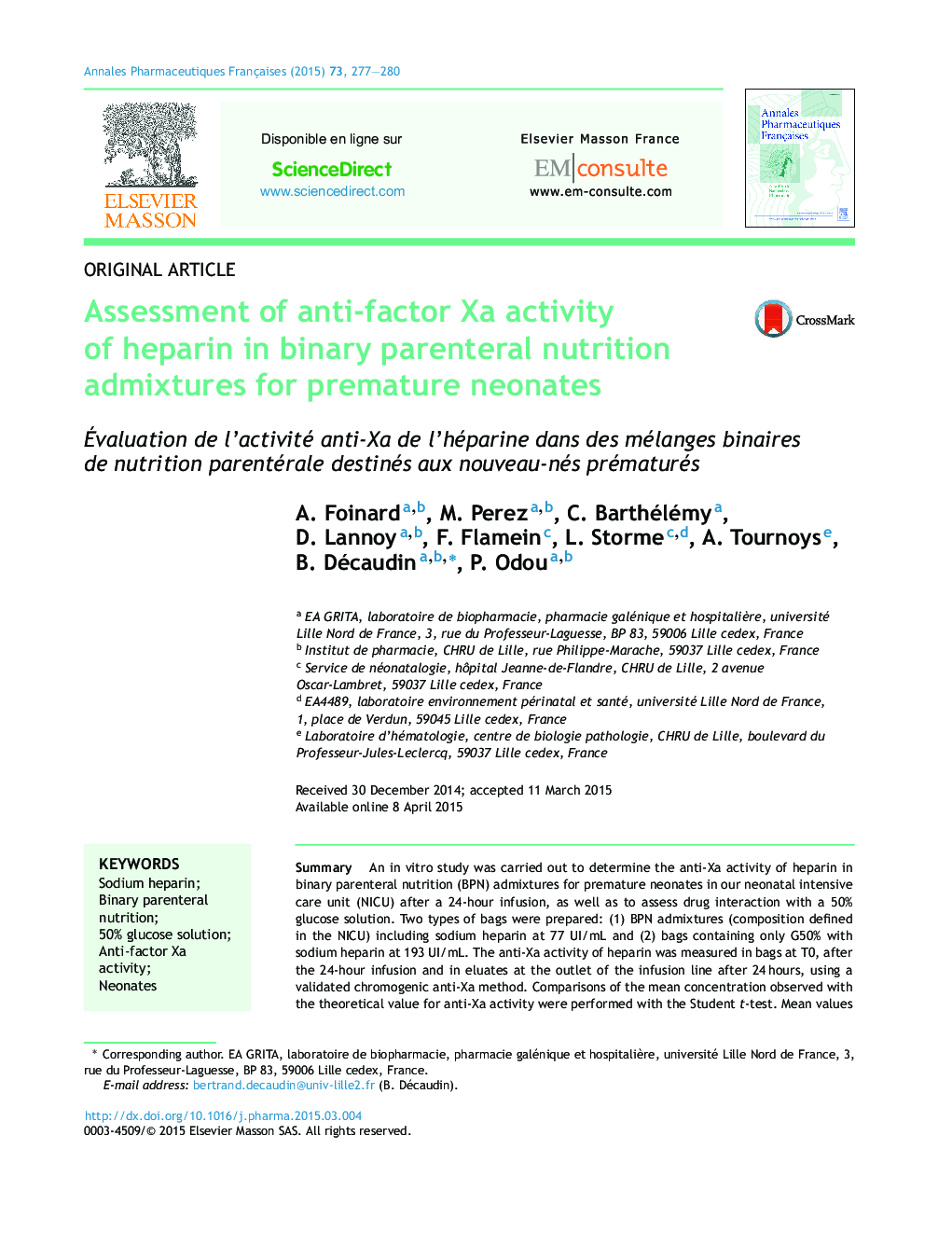 Assessment of anti-factor Xa activity of heparin in binary parenteral nutrition admixtures for premature neonates