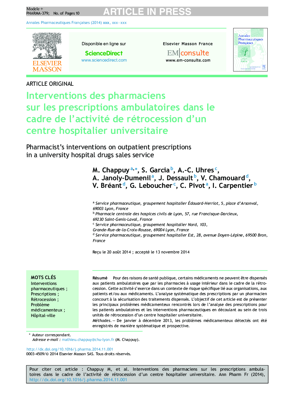 Interventions des pharmaciens sur les prescriptions ambulatoires dans le cadre de l'activité de rétrocession d'un centre hospitalier universitaire