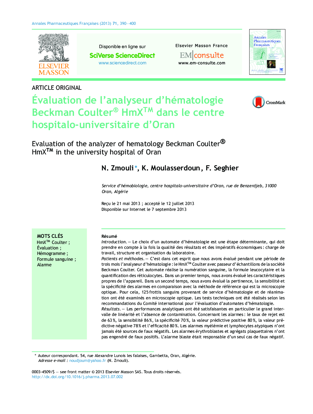 Ãvaluation de l'analyseur d'hématologie Beckman Coulter® HmXâ¢ dans le centre hospitalo-universitaire d'Oran