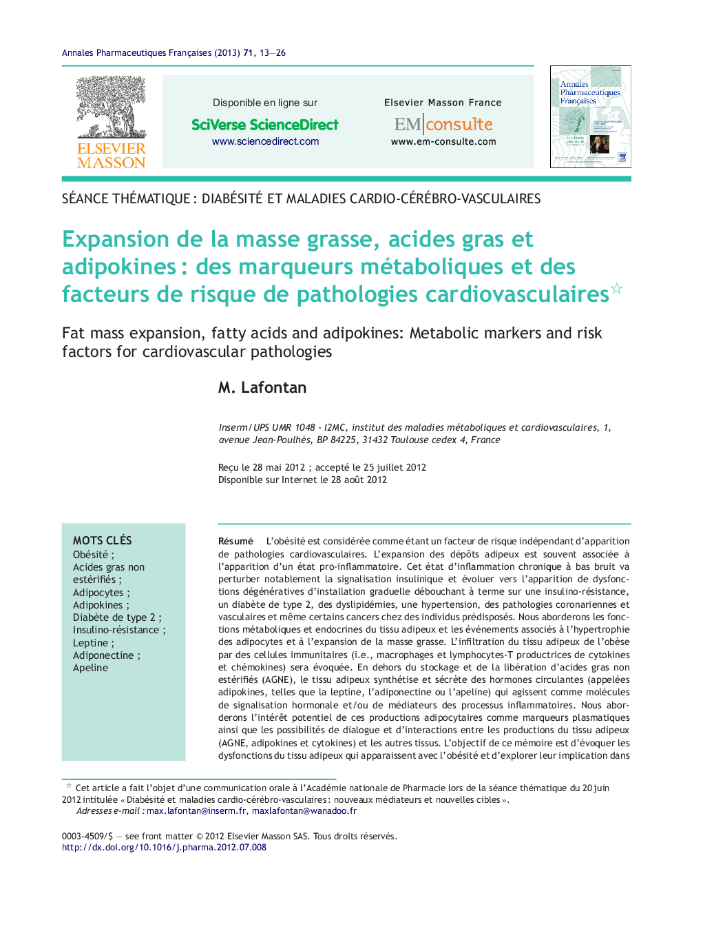 Expansion de la masse grasse, acides gras et adipokinesÂ : des marqueurs métaboliques et des facteurs de risque de pathologies cardiovasculaires