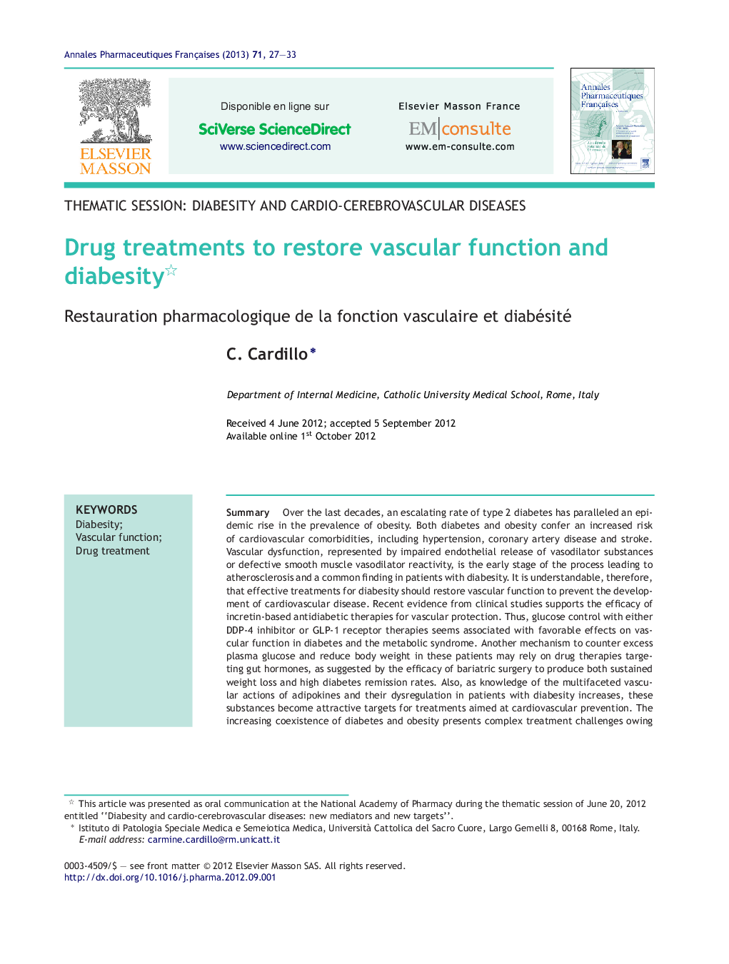 Drug treatments to restore vascular function and diabesity