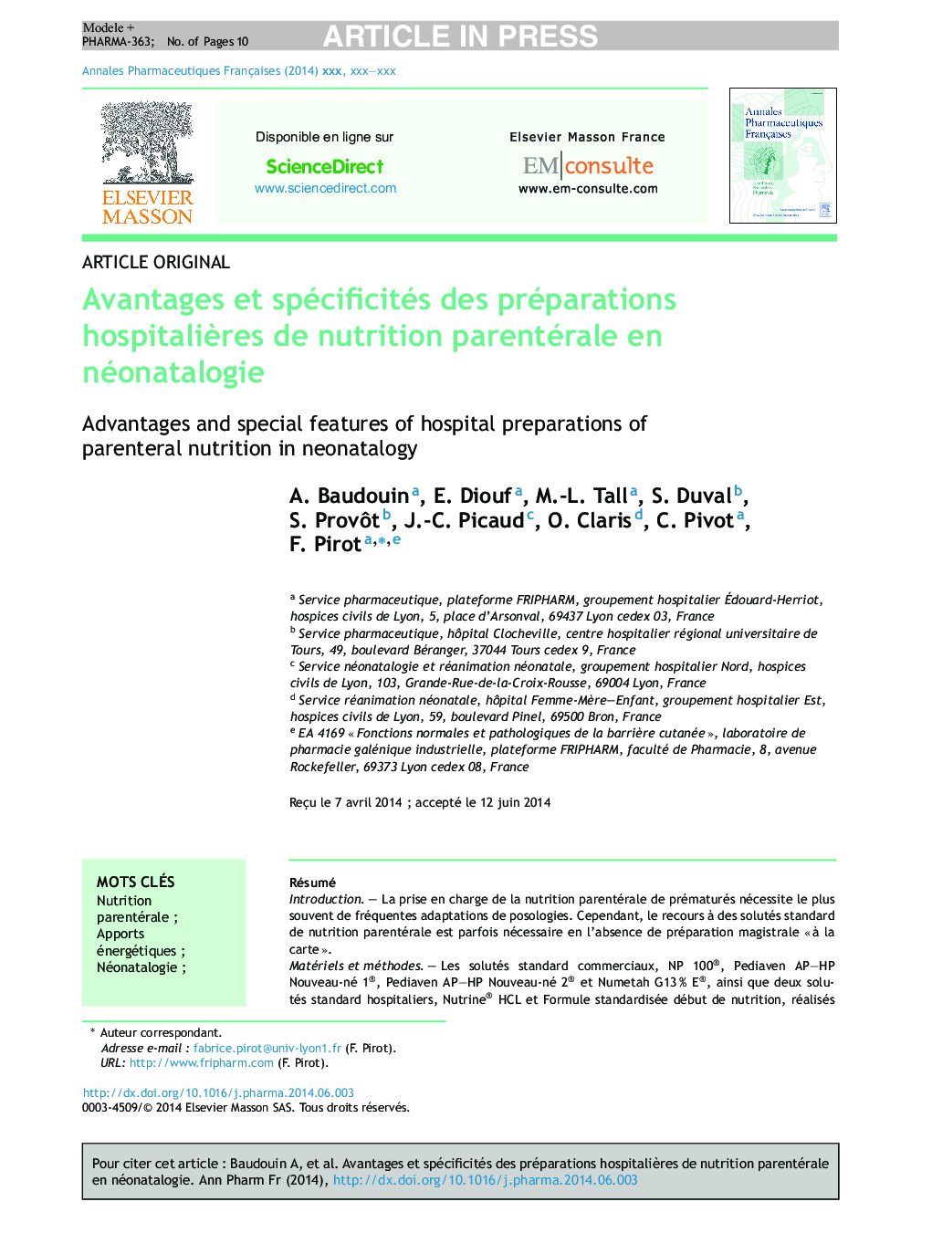 Avantages et spécificités des préparations hospitaliÃ¨res de nutrition parentérale en néonatalogie