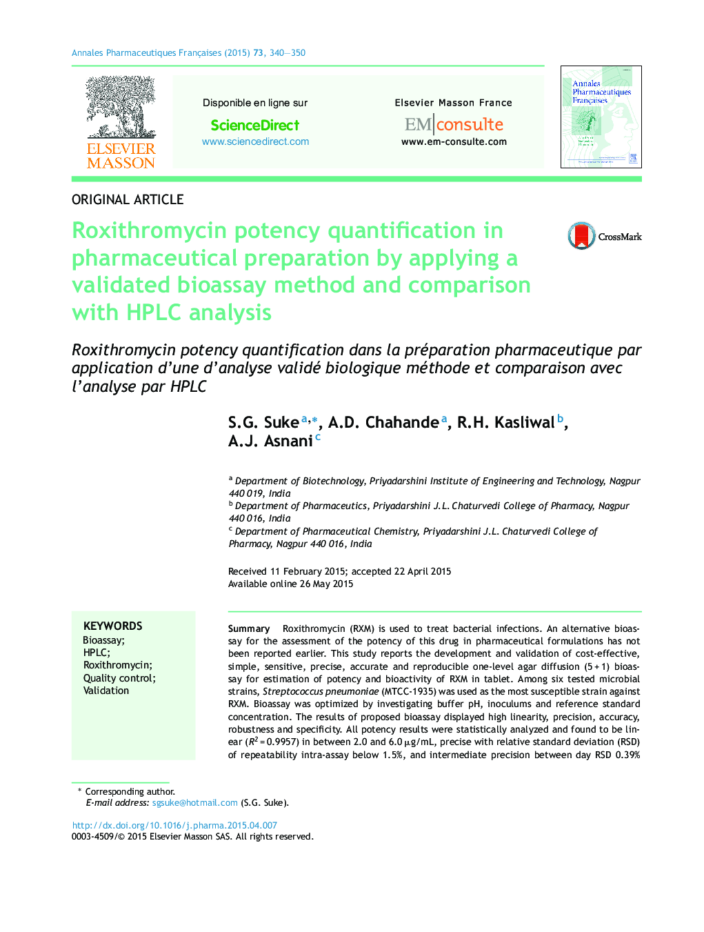 Roxithromycin potency quantification in pharmaceutical preparation by applying a validated bioassay method and comparison with HPLC analysis