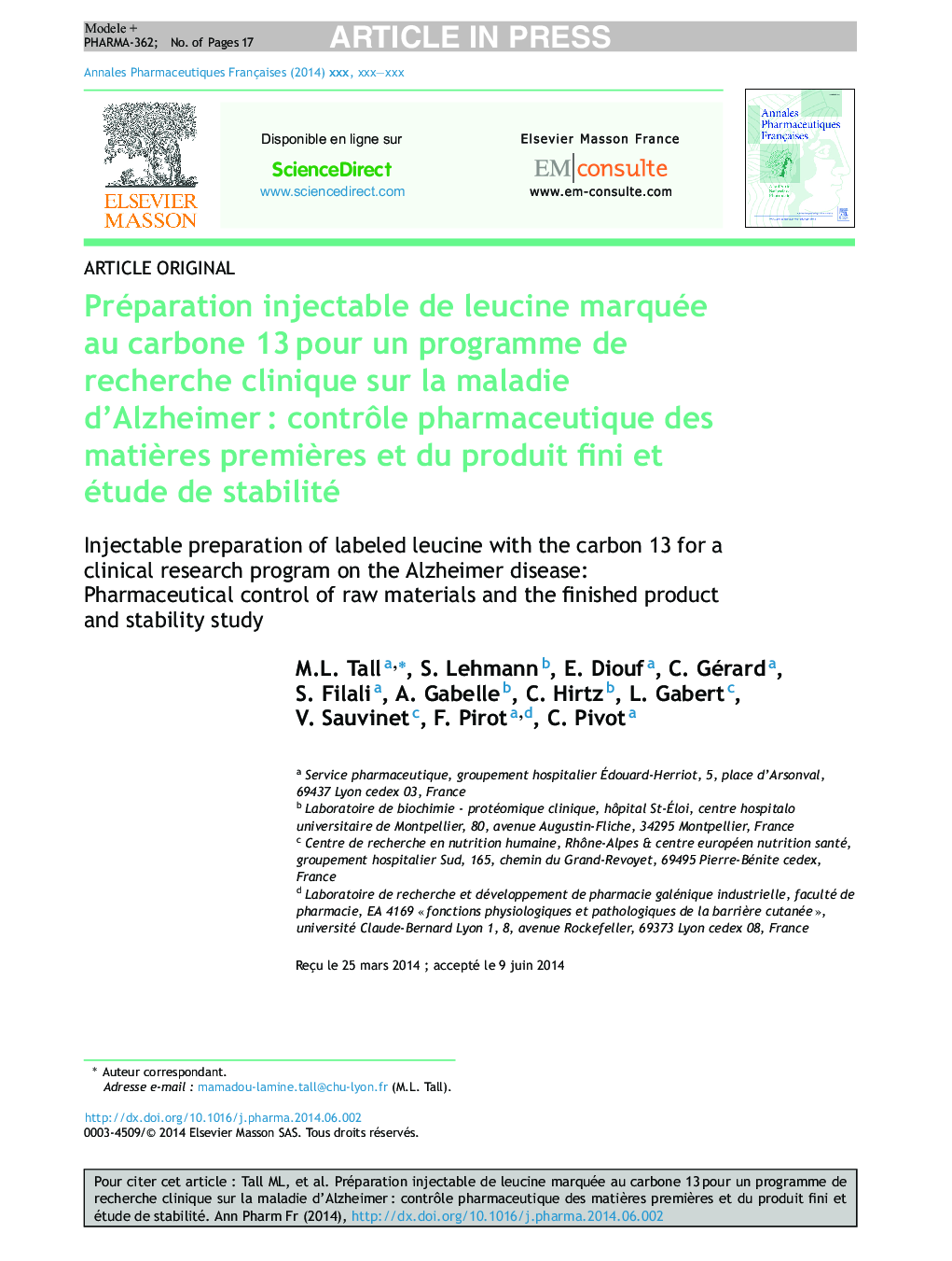 Préparation injectable de leucine marquée au carbone 13Â pour un programme de recherche clinique sur la maladie d'AlzheimerÂ : contrÃ´le pharmaceutique des matiÃ¨res premiÃ¨res et du produit fini et étude de stabilité