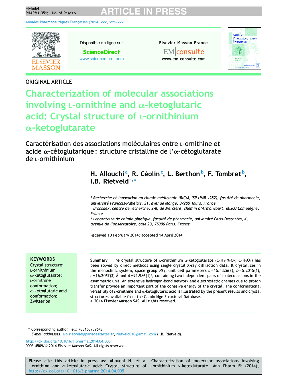 Characterization of molecular associations involving l-ornithine and Î±-ketoglutaric acid: Crystal structure of l-ornithinium Î±-ketoglutarate