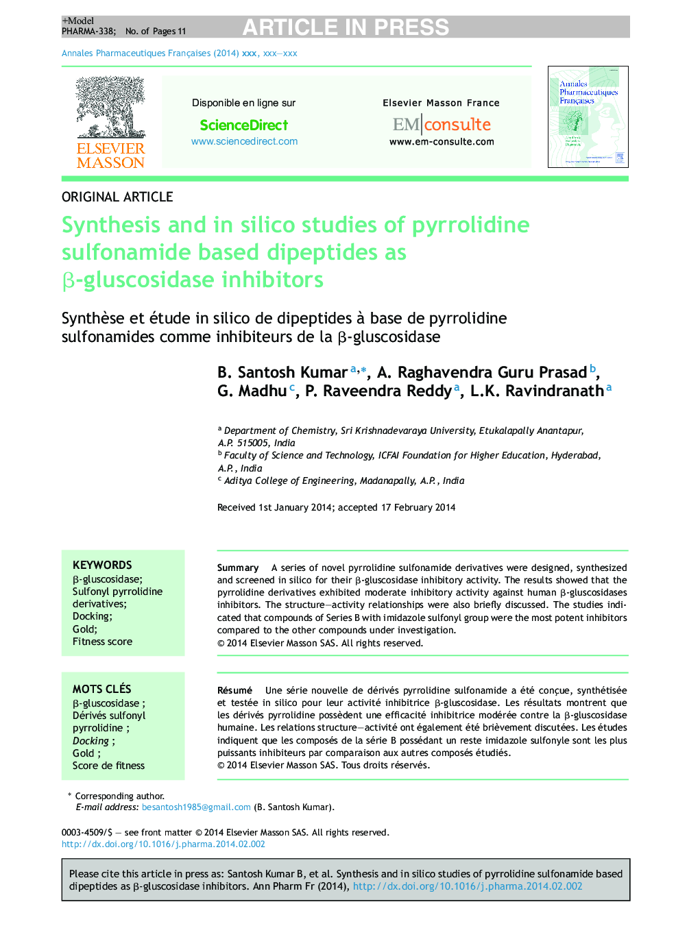 Synthesis and in silico studies of pyrrolidine sulfonamide based dipeptides as Î²-gluscosidase inhibitors