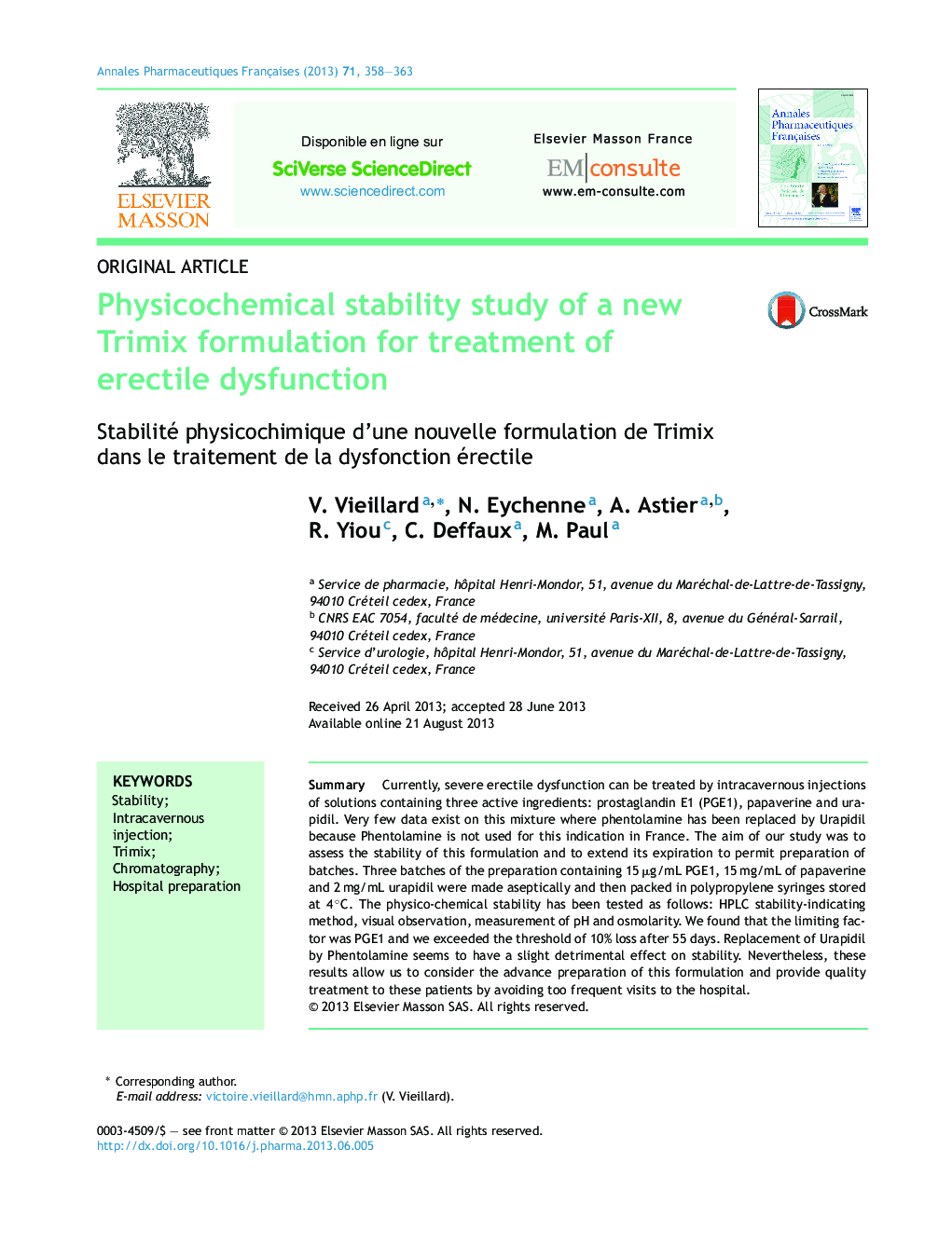 Physicochemical stability study of a new Trimix formulation for treatment of erectile dysfunction