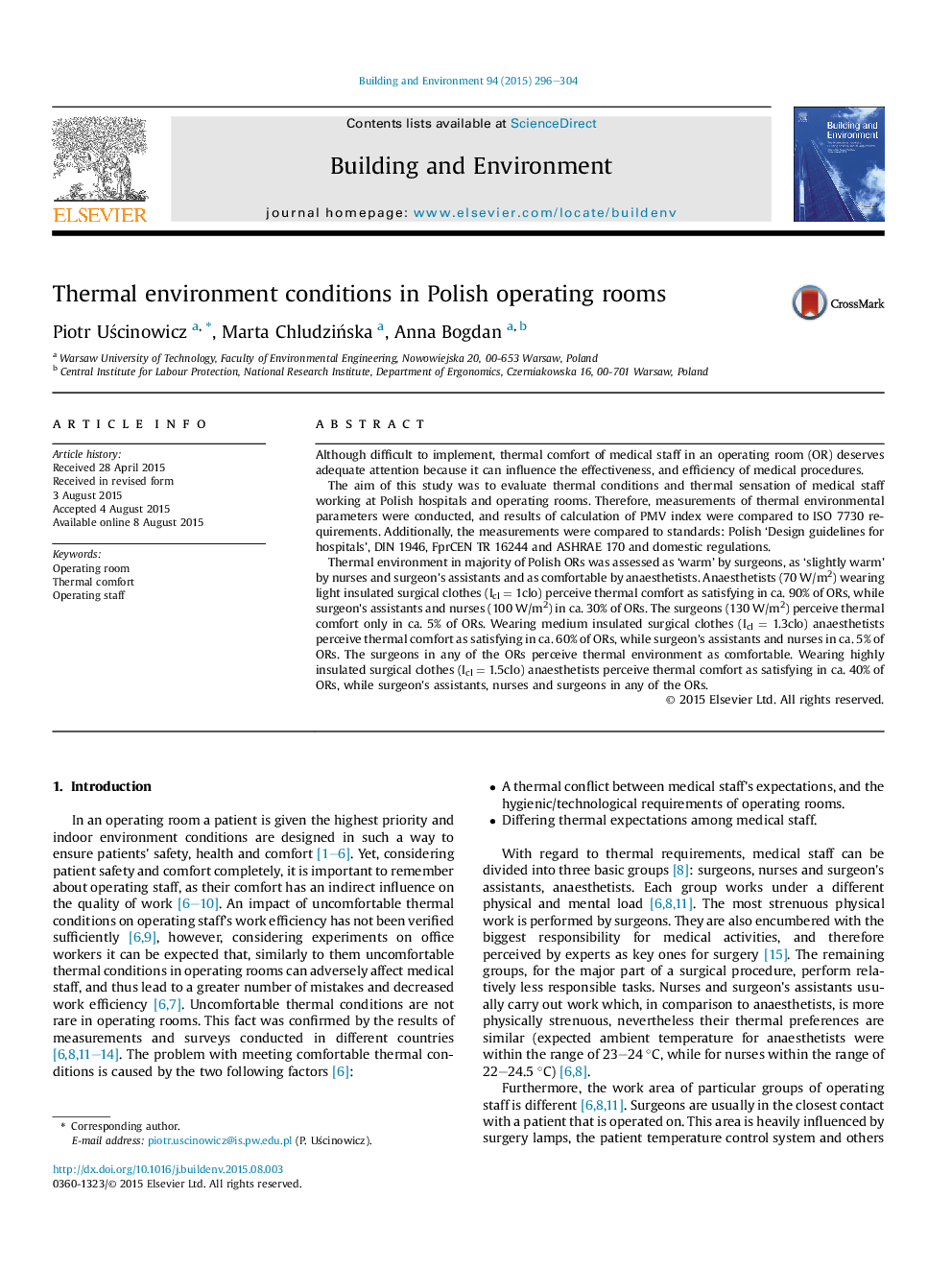 Thermal environment conditions in Polish operating rooms